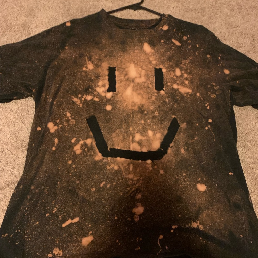 Large black tee shirt, bleached with smiley face